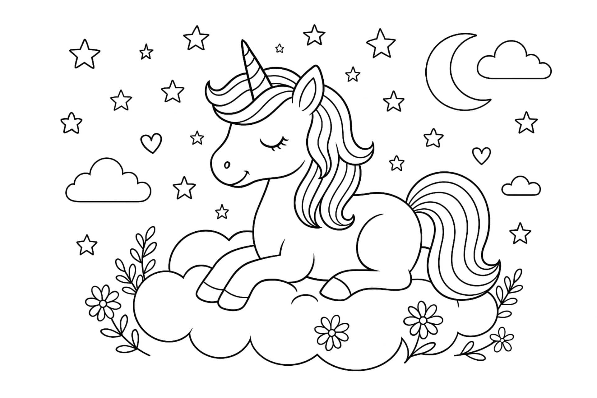 Einhorn auf einer Wolke – Ausmalbild für Kinder ab 6 Jahren