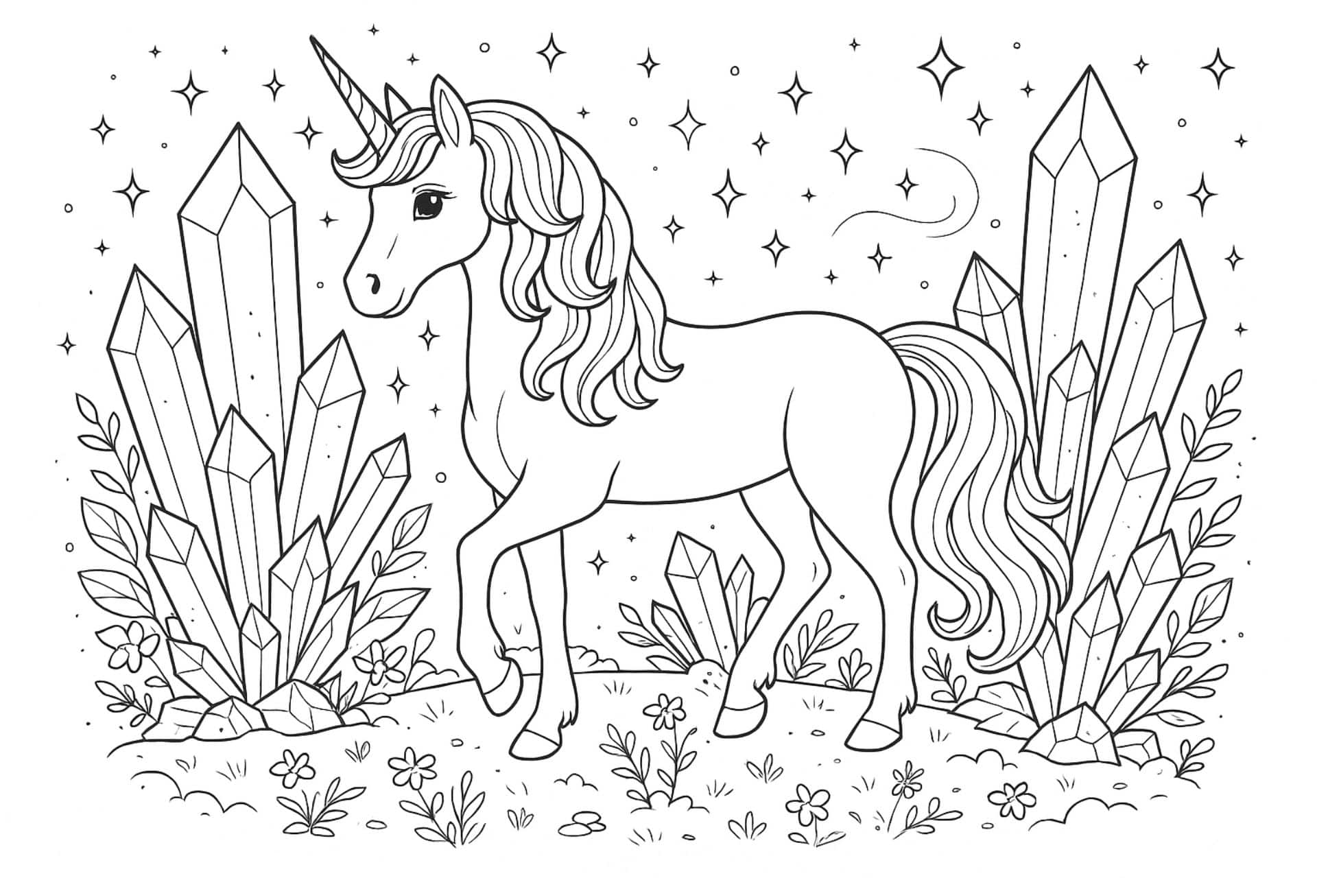 Einhorn im Kristallwald – Ausmalbild für Kinder ab 6 Jahren