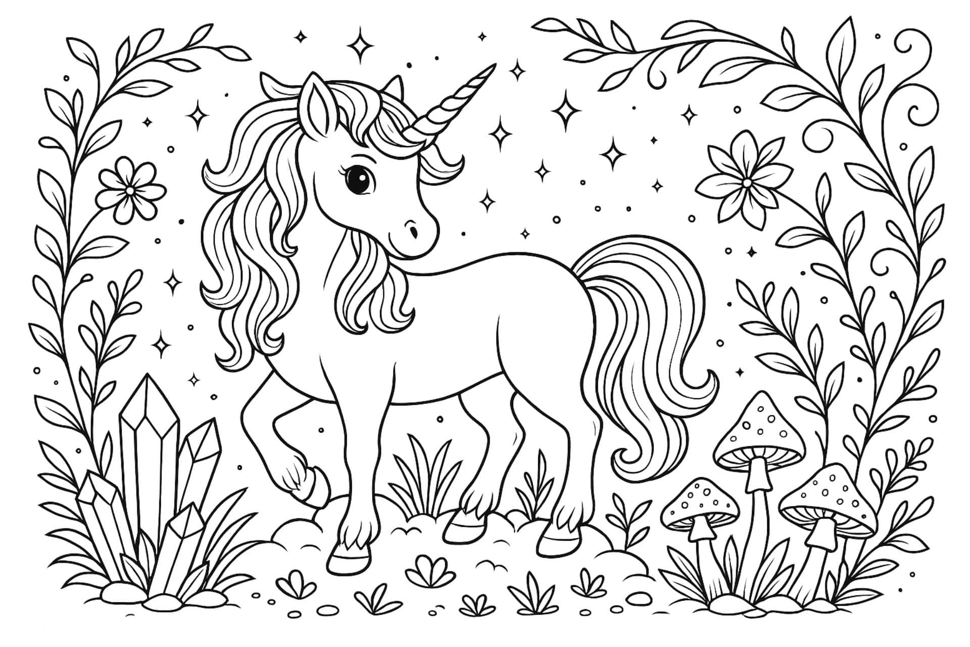 Einhorn im Zaubergarten – Ausmalbild für Kinder ab 6 Jahren