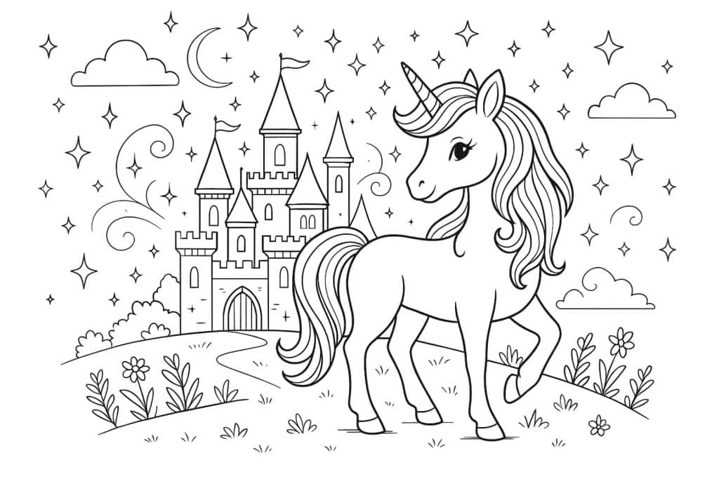 Einhorn im Zauberschloss – Ausmalbild für Kinder ab 6 Jahren