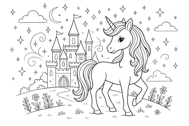 Einhorn im Zauberschloss – Ausmalbild für Kinder ab 6 Jahren