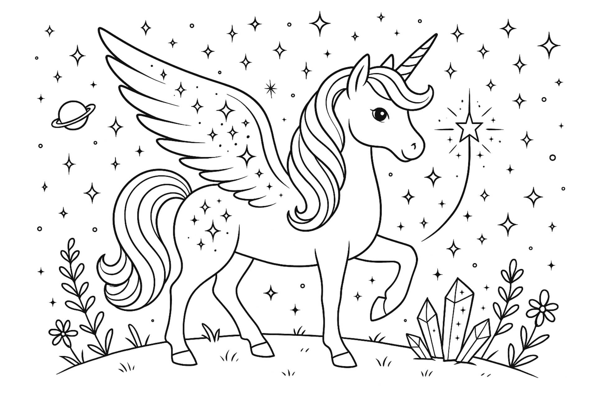 Einhorn mit Sternenflügeln – Ausmalbild für Kinder ab 6 Jahren