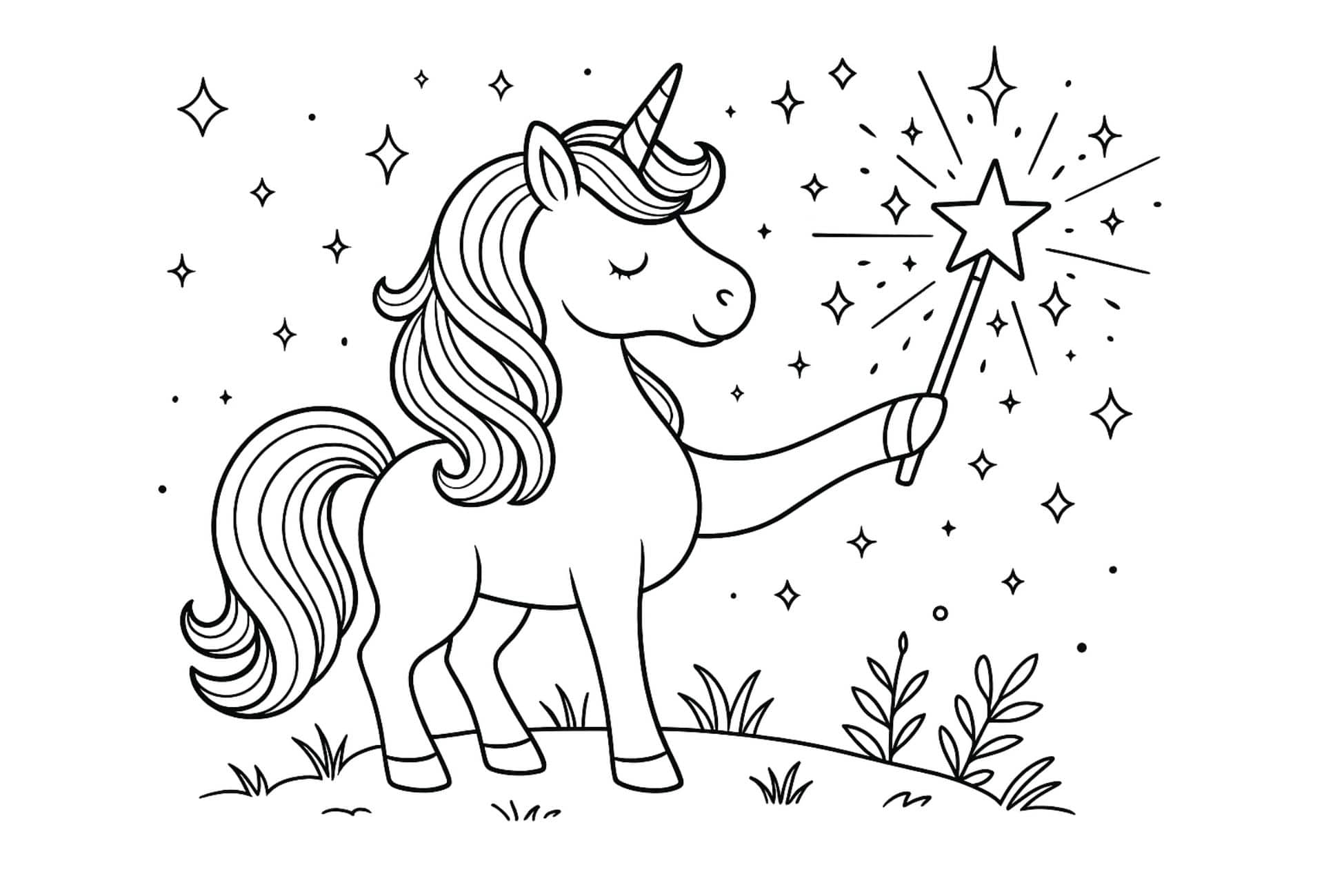 Einhorn mit Zauberstab – Ausmalbild für Kinder ab 6 Jahren