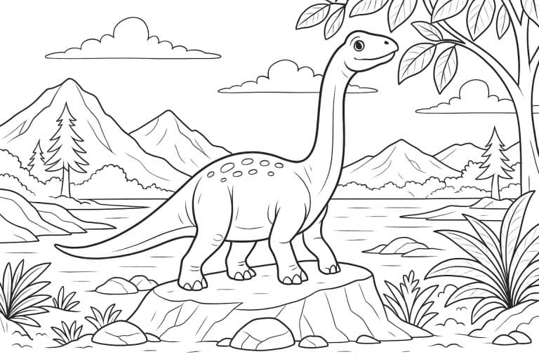 Brachiosaurus in Urzeitlandschaft – Ausmalbild ab 6 Jahren