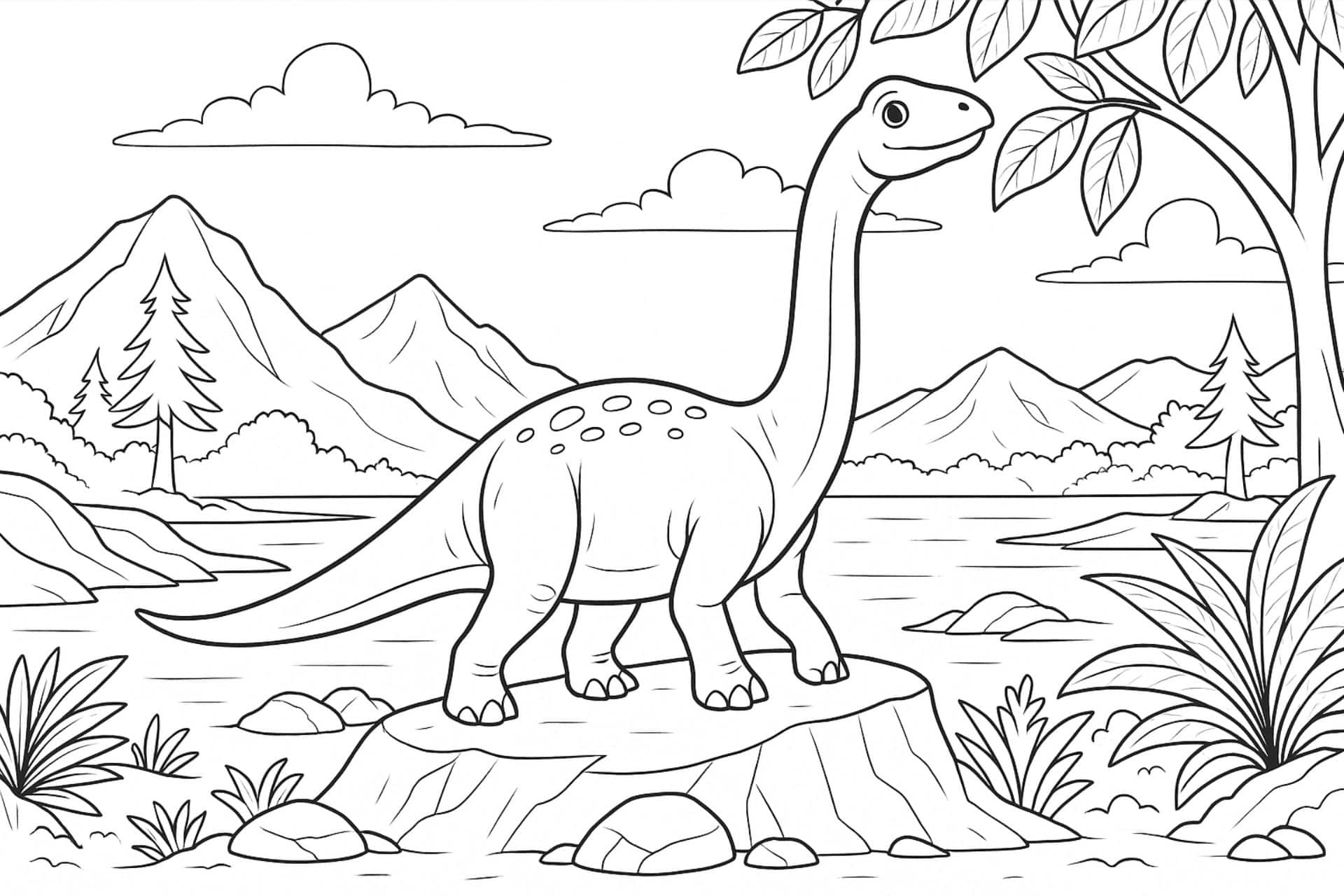 Brachiosaurus in Urzeitlandschaft – Ausmalbild ab 6 Jahren