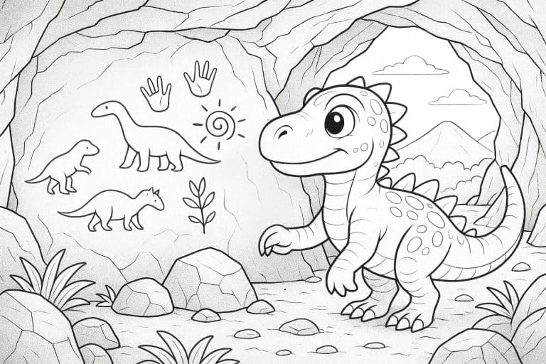 Dino entdeckt Felsmalereien – Ausmalbild ab 6 Jahren