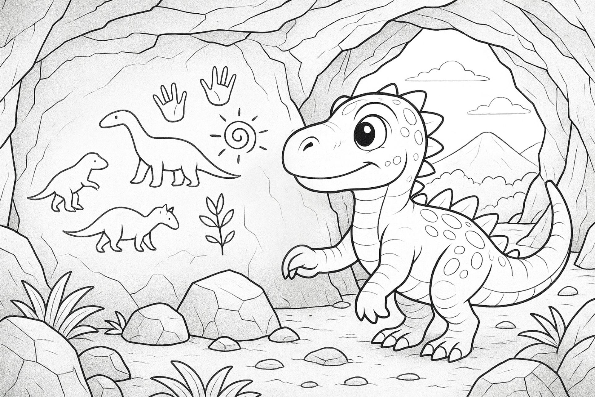 Dino entdeckt Felsmalereien – Ausmalbild ab 6 Jahren