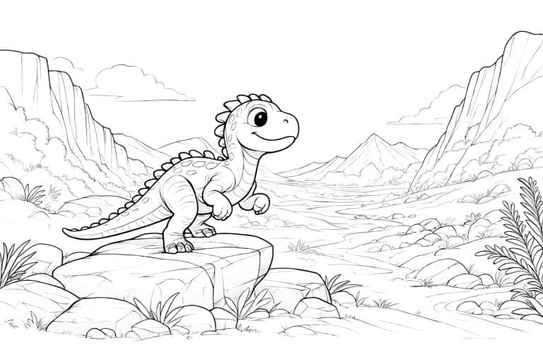 Dino erkundet Felslandschaft – Ausmalbild ab 6 Jahren