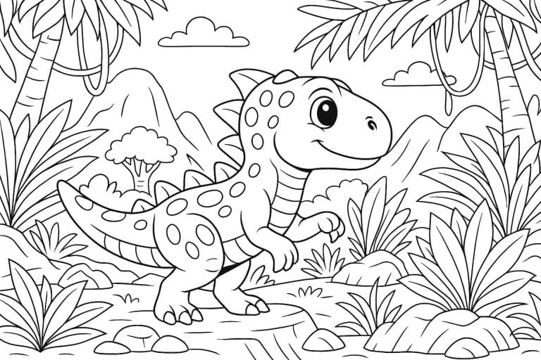 Dino im Urwald – Ausmalbild ab 6 Jahren