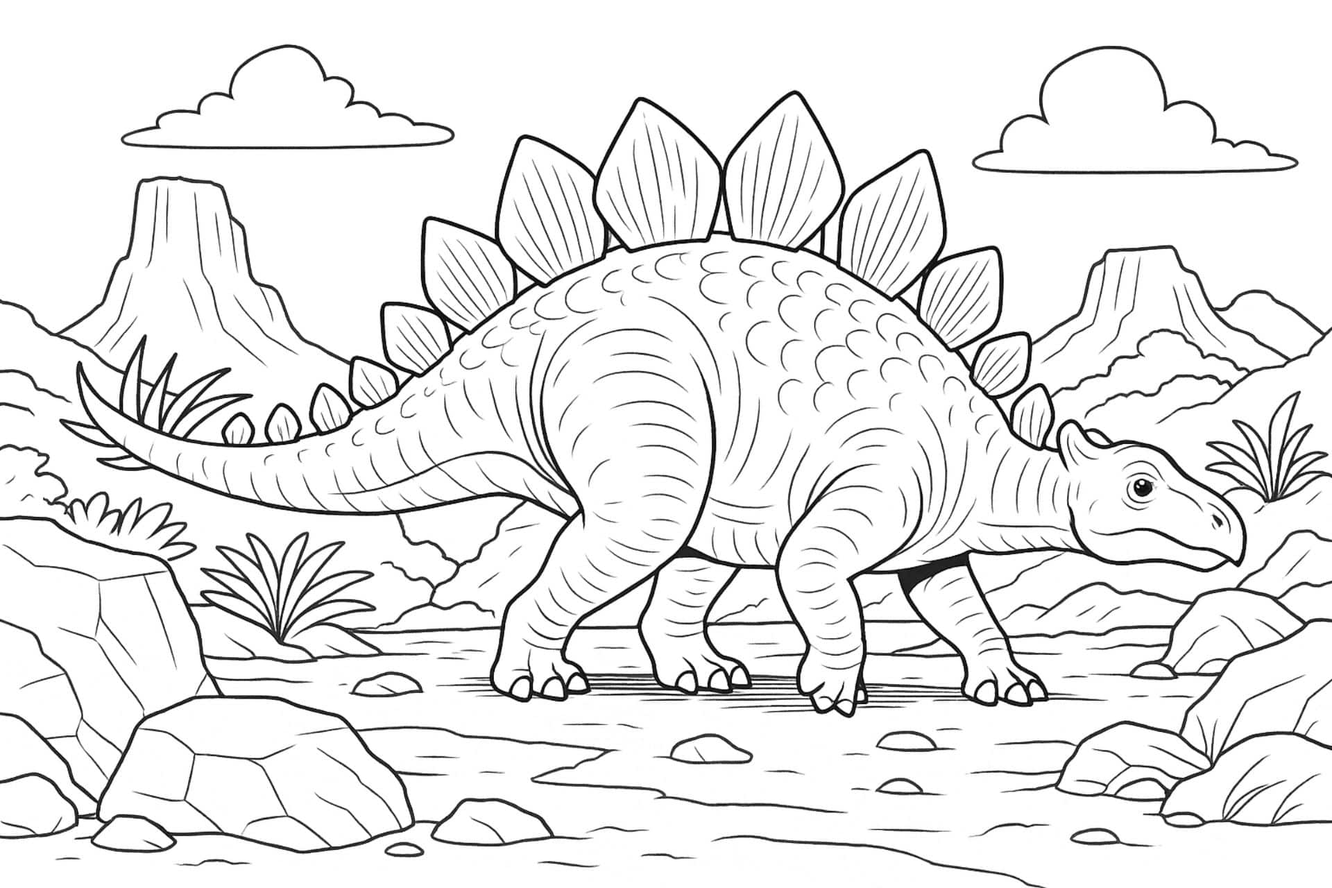 Stegosaurus in Urzeitlandschaft – Ausmalbild ab 6 Jahren