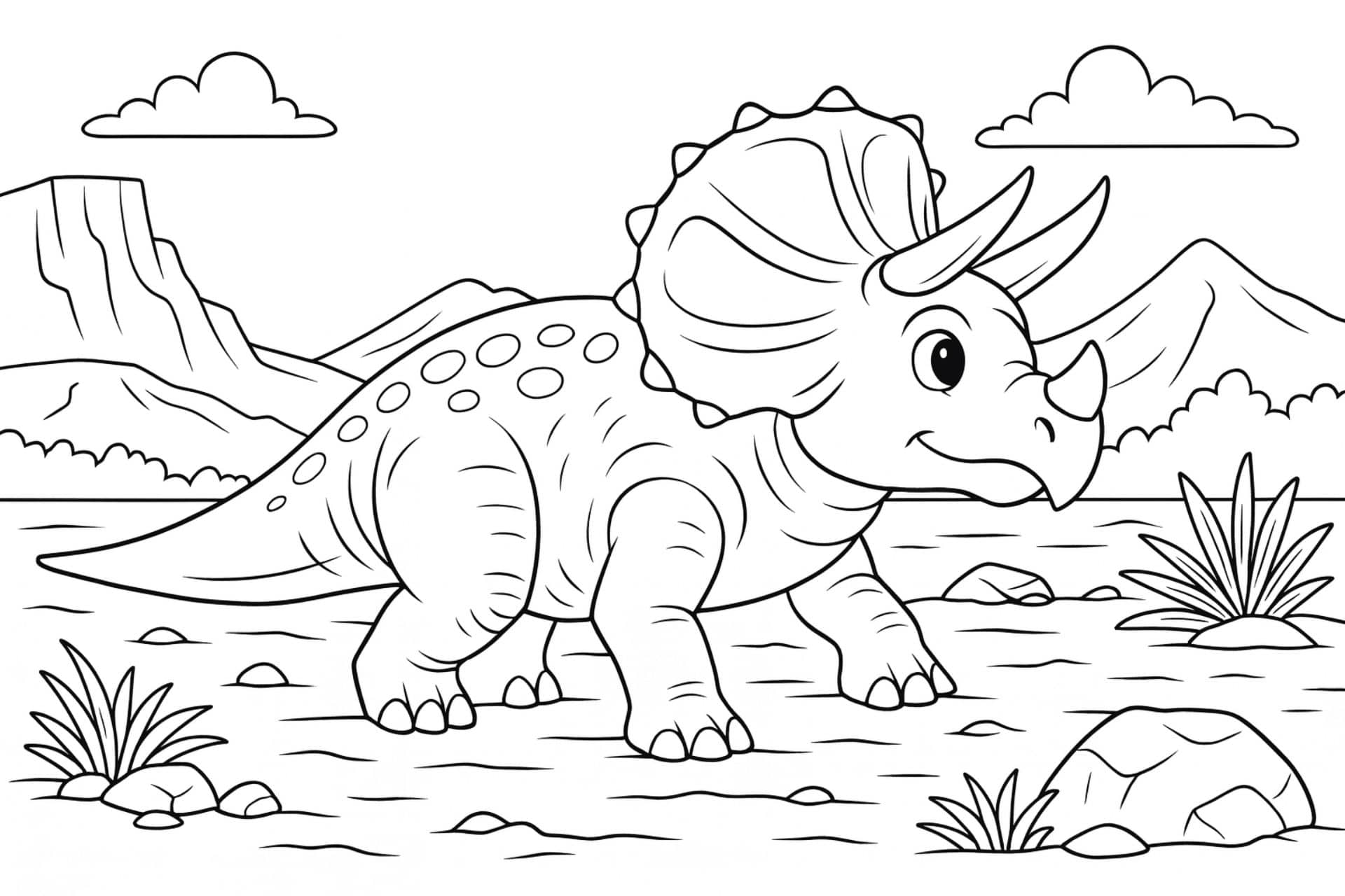 Triceratops in der Steppe – Ausmalbild ab 6 Jahren