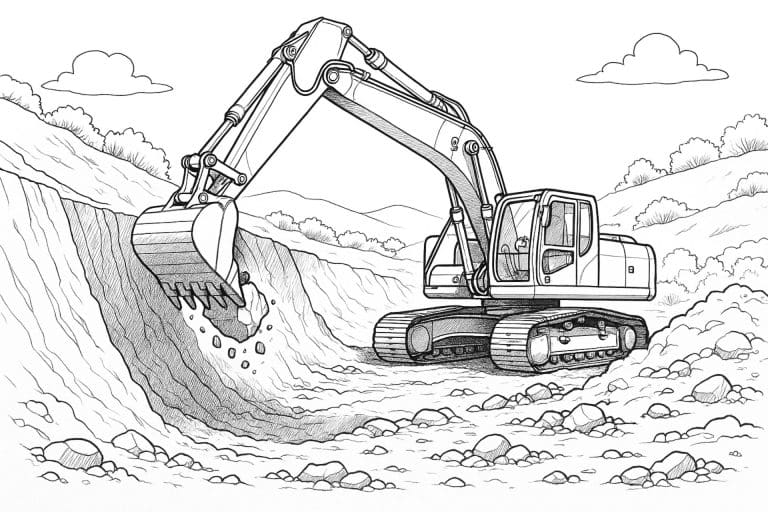 Bagger hebt tiefe Baugrube aus – dynamisches Ausmalbild ab 8 Jahren