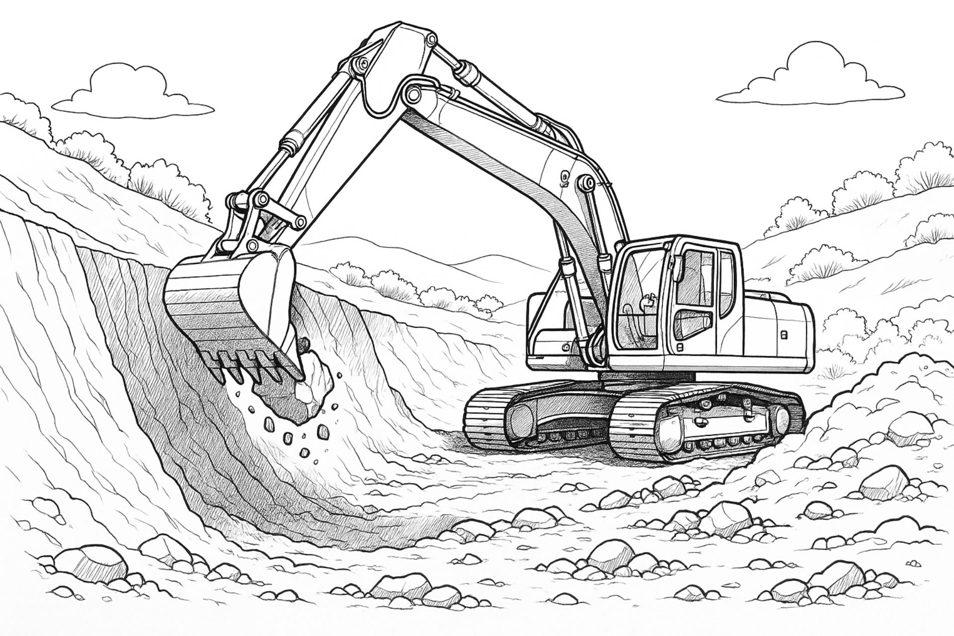 Bagger hebt tiefe Baugrube aus – dynamisches Ausmalbild ab 8 Jahren