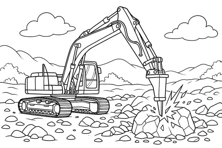Bagger mit Hydraulikhammer bricht Felsen – realistisches Ausmalbild ab 8 Jahren