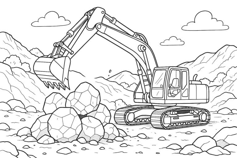 Bagger stapelt Felsbrocken – dynamisches Ausmalbild ab 8 Jahren