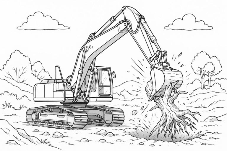 Bagger zieht Baumwurzel aus dem Boden – realistisches Ausmalbild ab 8 Jahren