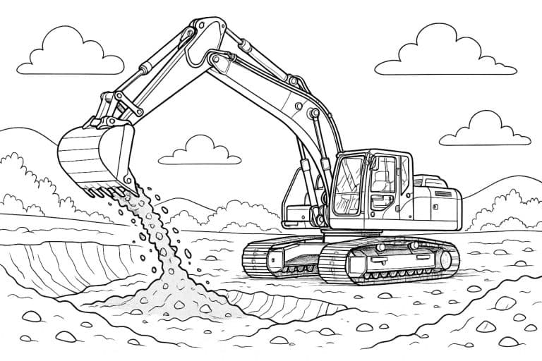 Dynamischer Bagger im Vollschwenk – realistisches Ausmalbild ab 8 Jahren