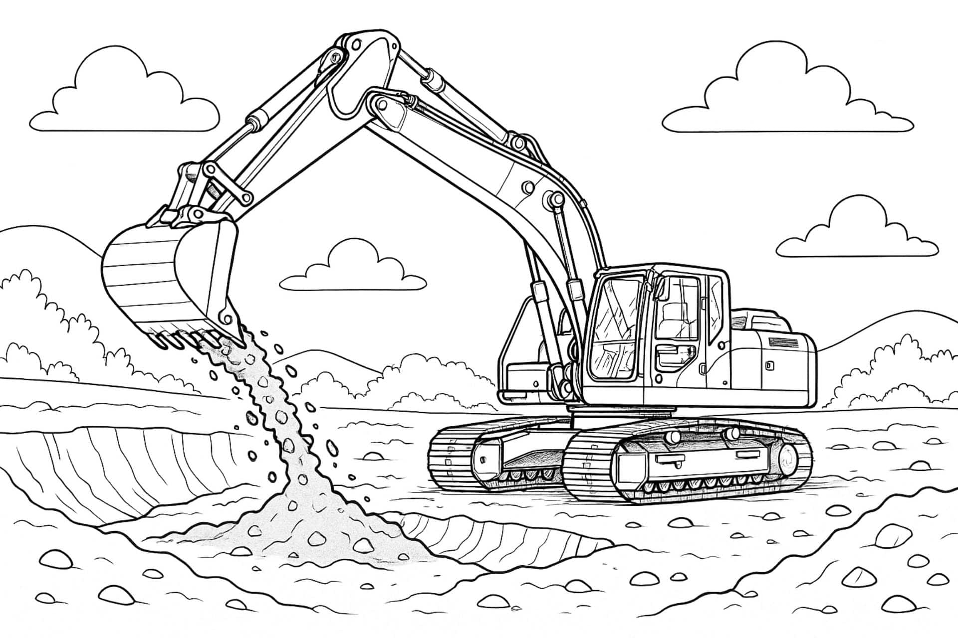 Dynamischer Bagger im Vollschwenk – realistisches Ausmalbild ab 8 Jahren