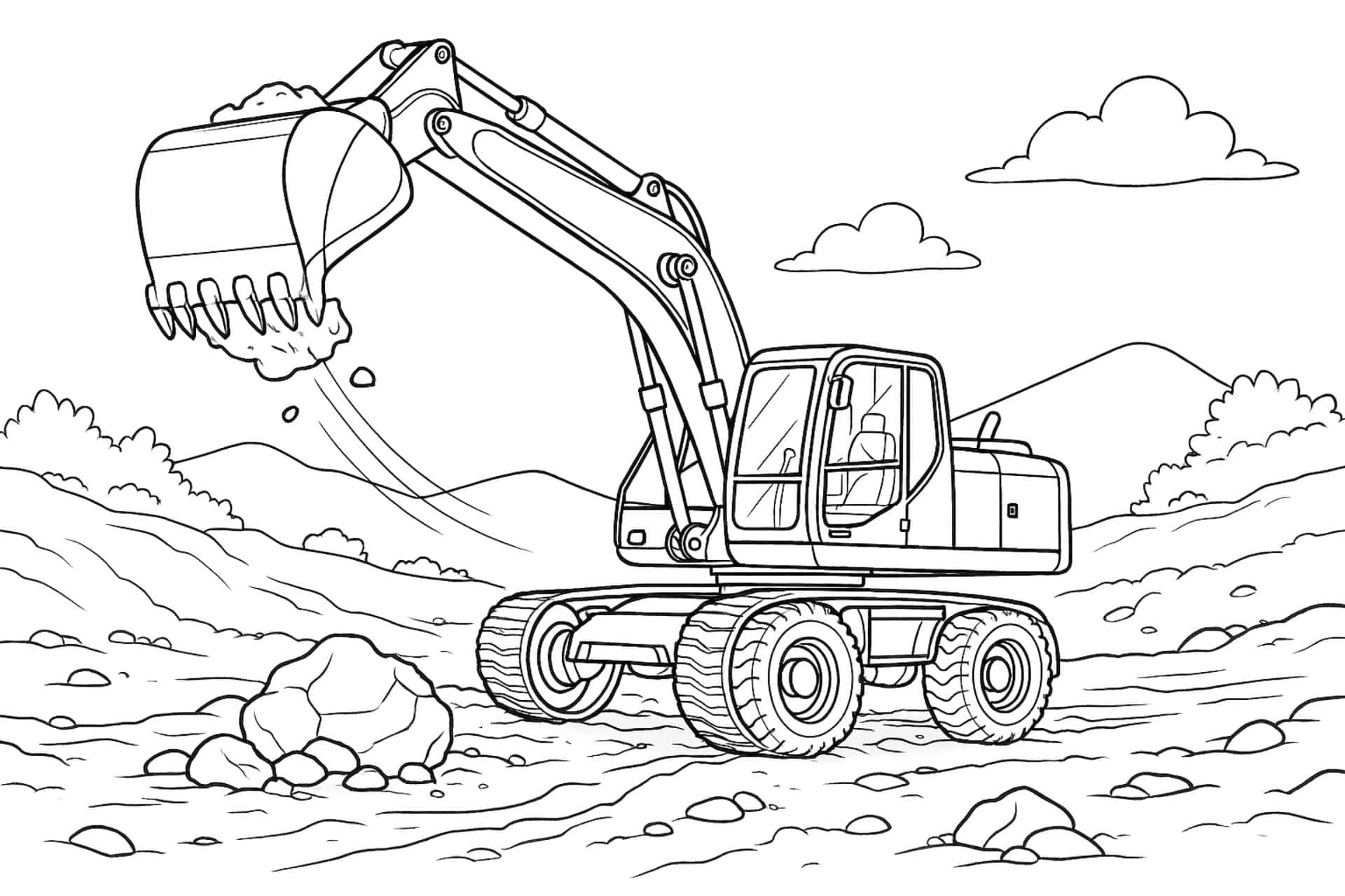 Radbagger fährt über Gelände – dynamisches Ausmalbild ab 8 Jahren