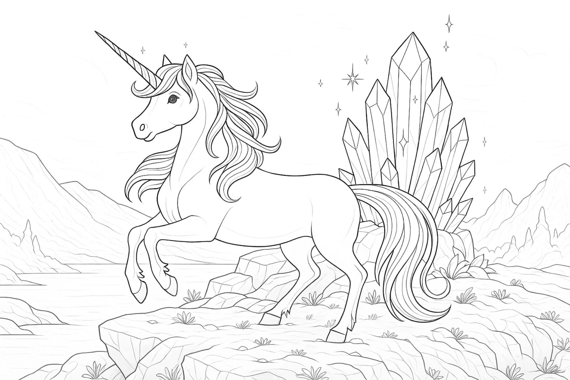 Einhorn am Kristallberg – Ausmalbild für Kinder ab 8 Jahren