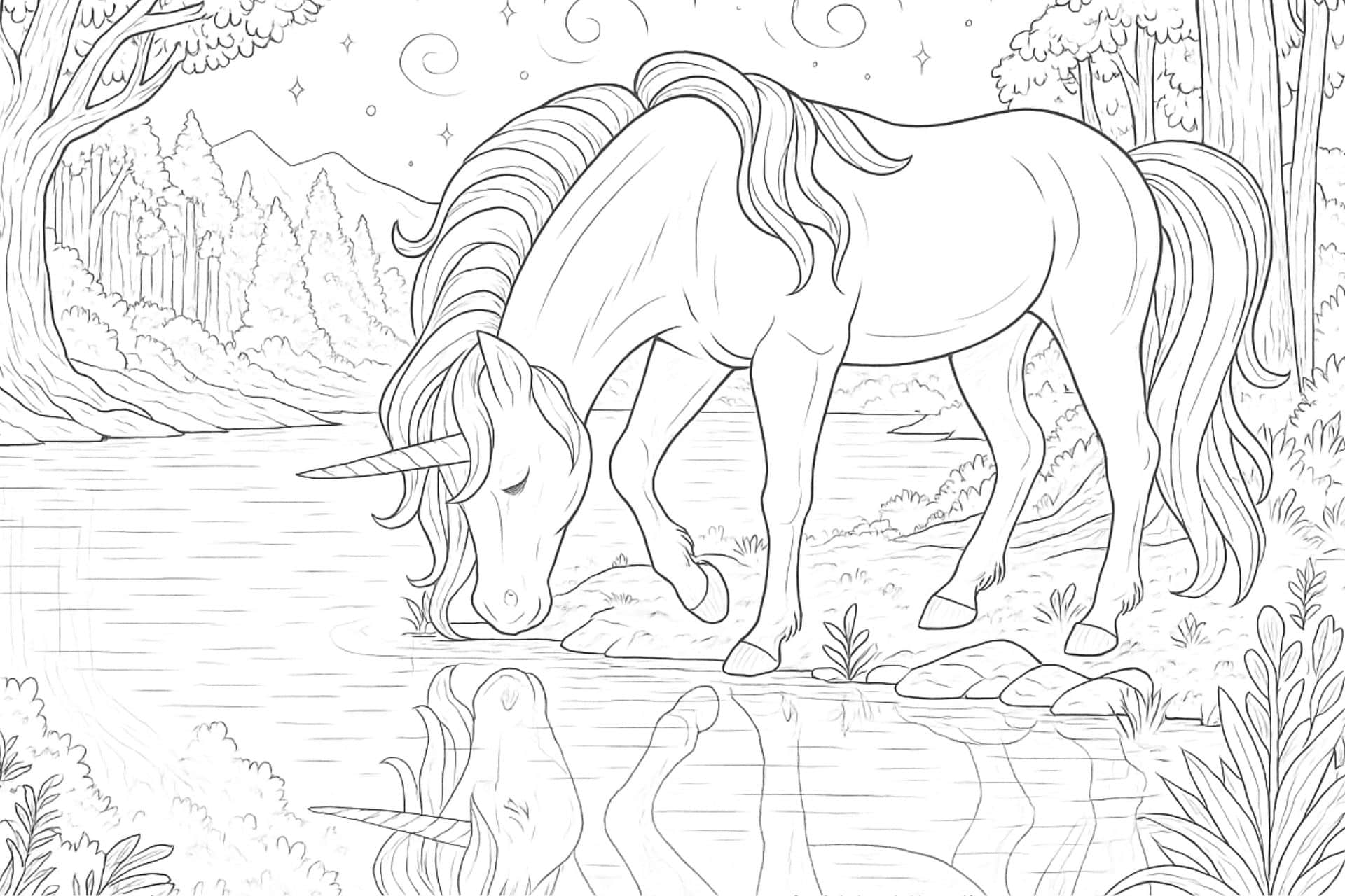 Einhorn am Spiegelsee – Ausmalbild für Kinder ab 8 Jahren