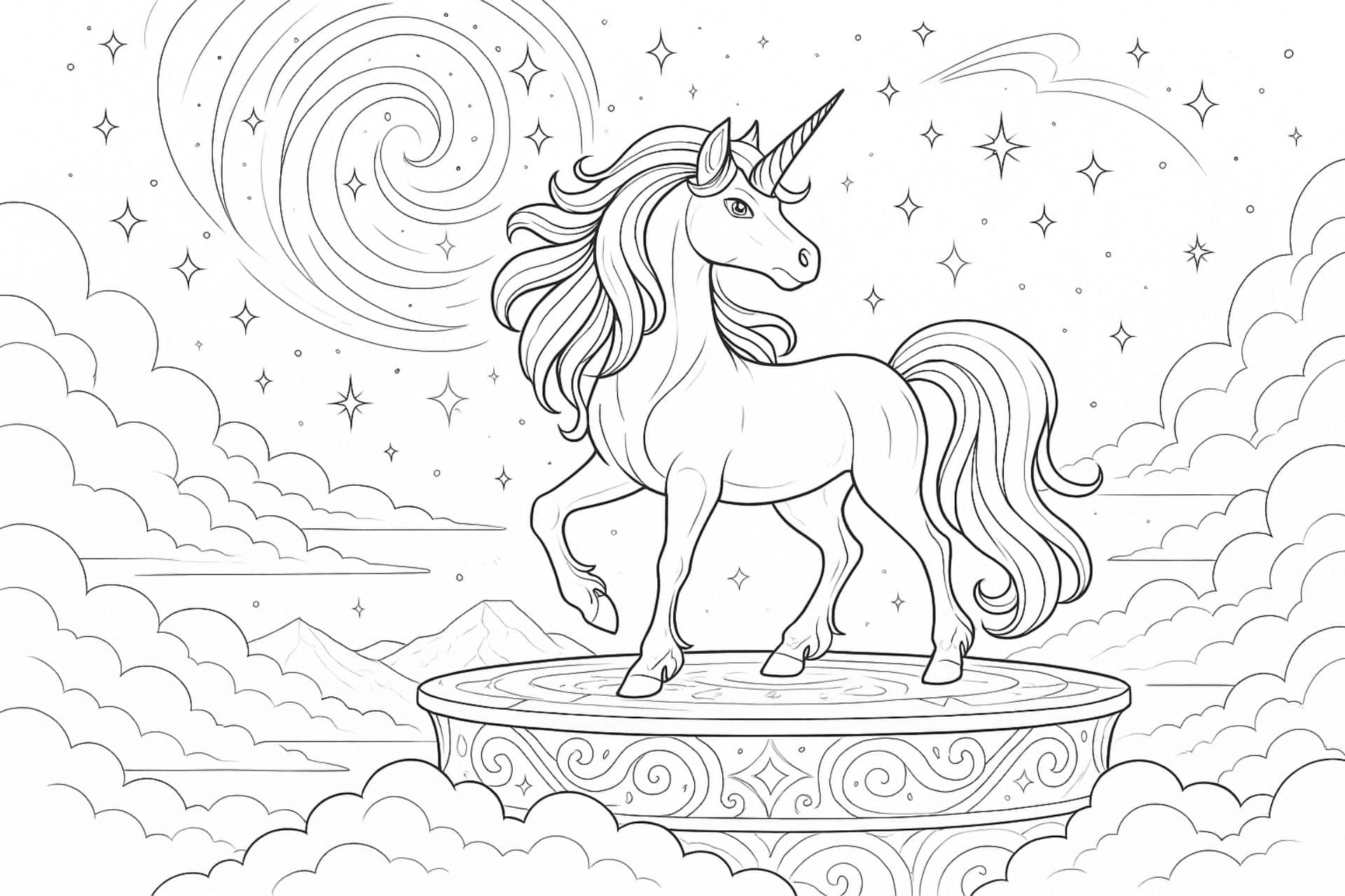 Einhorn auf der Himmelsplattform – Ausmalbild für Kinder ab 8 Jahren