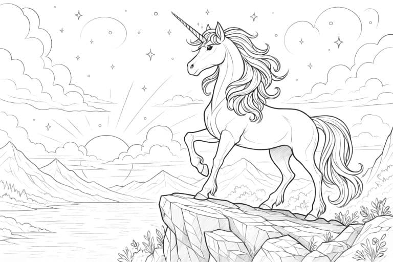 Einhorn auf Felsenklippe bei Sonnenuntergang – Ausmalbild für Kinder ab 8 Jahren