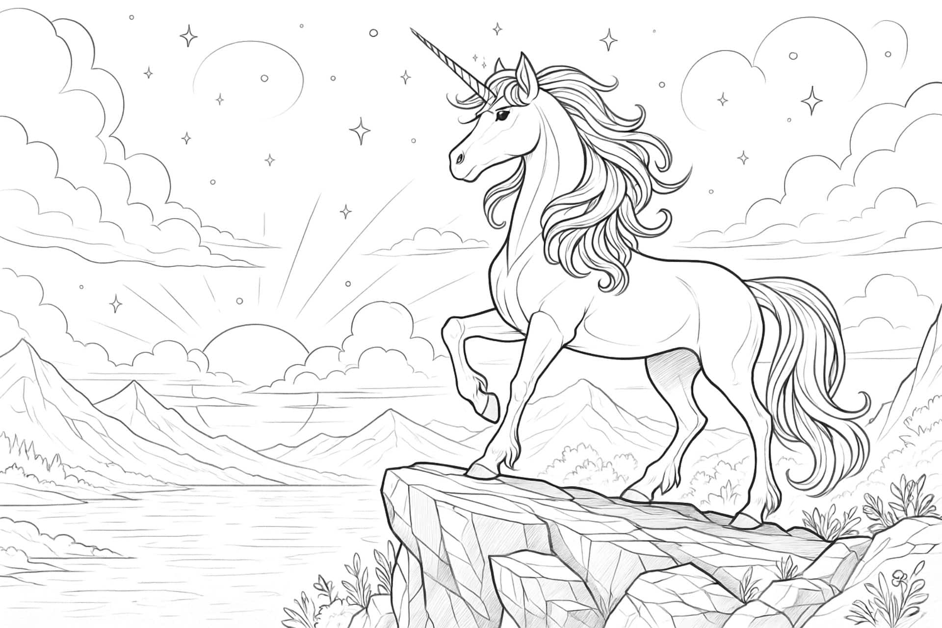 Einhorn auf Felsenklippe bei Sonnenuntergang – Ausmalbild für Kinder ab 8 Jahren
