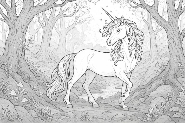 Einhorn im alten Zauberwald – Ausmalbild für Kinder ab 8 Jahren