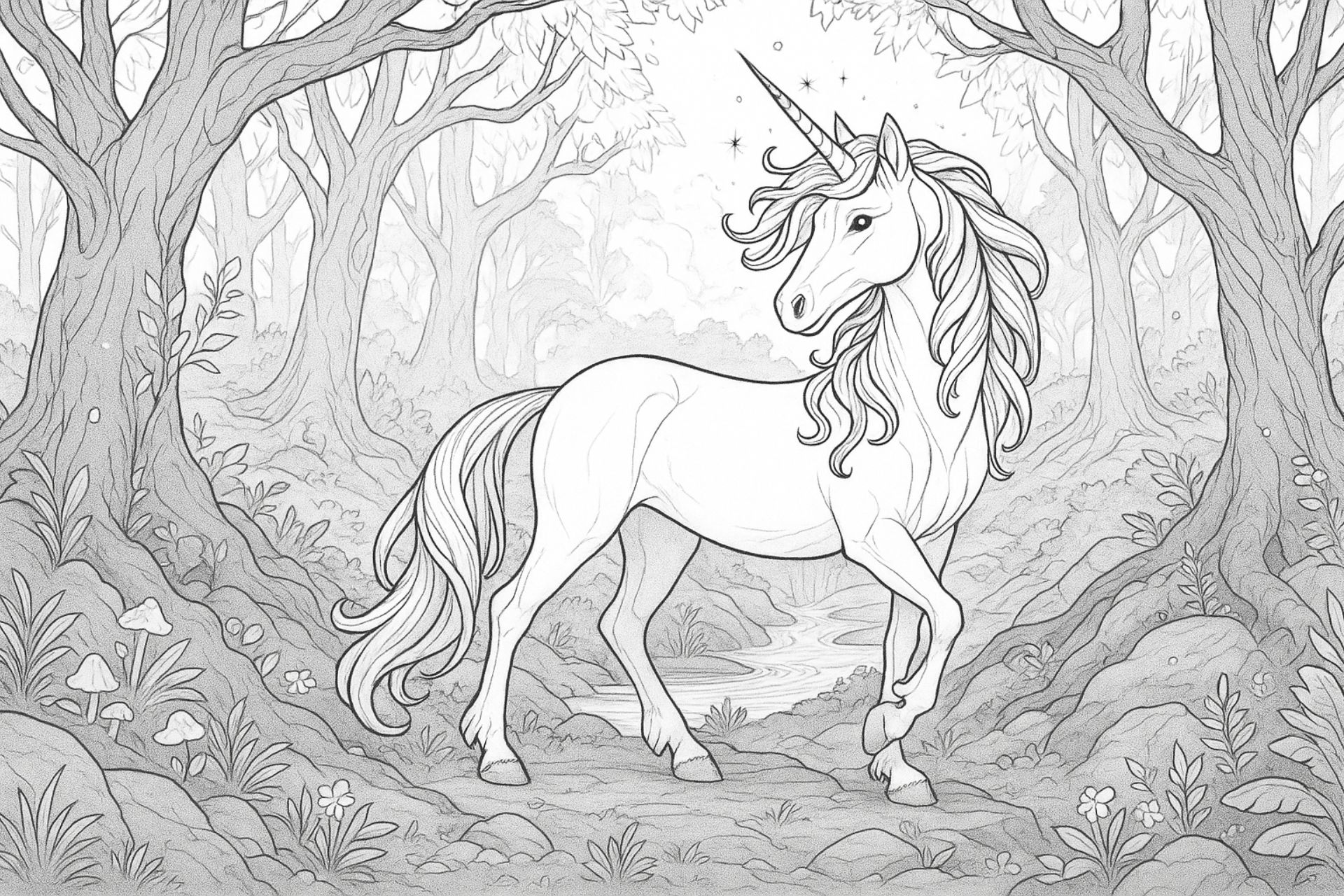 Einhorn im alten Zauberwald – Ausmalbild für Kinder ab 8 Jahren