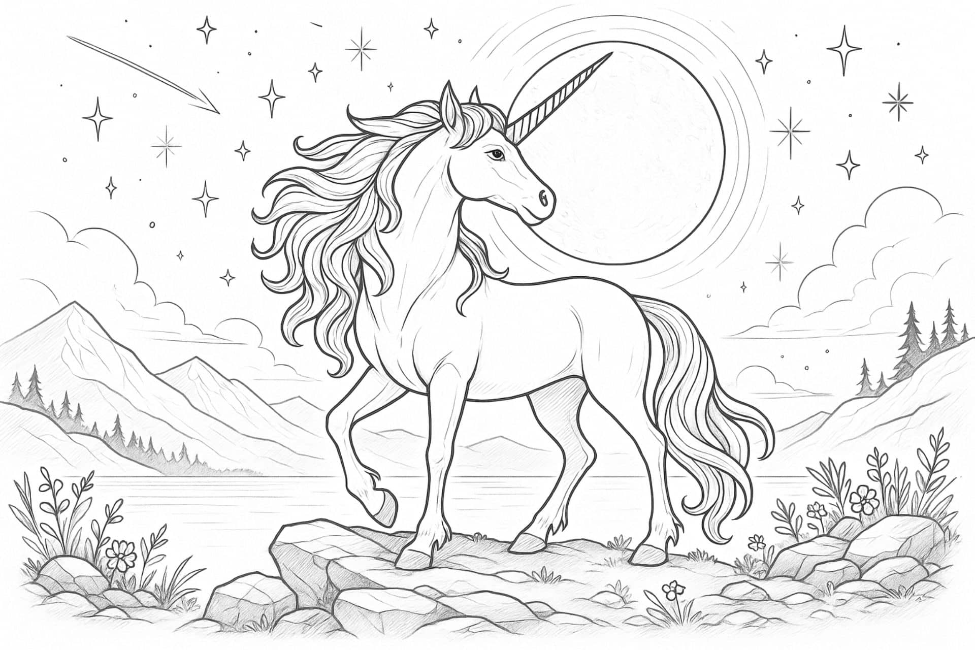 Einhorn im Mondlicht – Ausmalbild für Kinder ab 8 Jahren