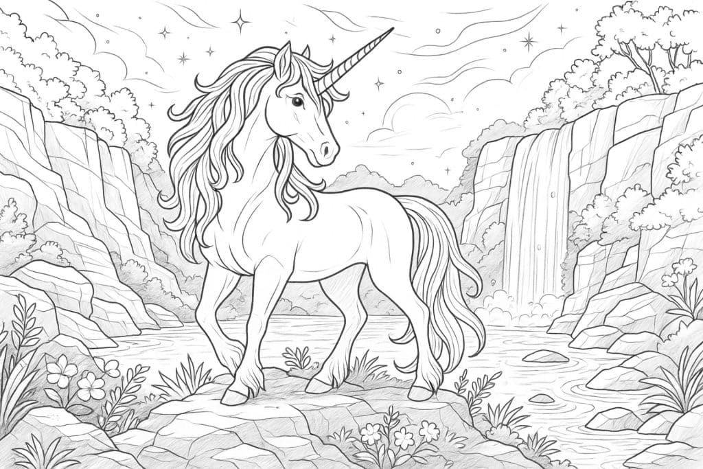 Einhorn im verwunschenen Wasserfalltal – Ausmalbild für Kinder ab 8 Jahren