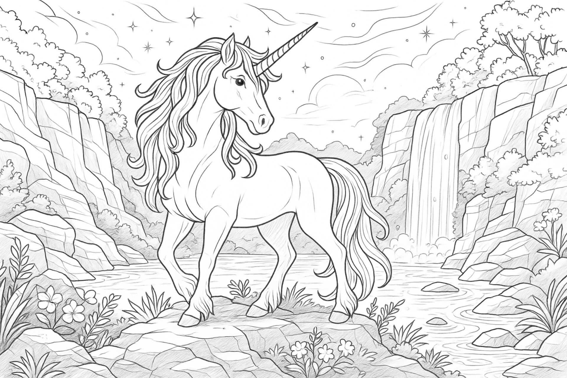 Einhorn im verwunschenen Wasserfalltal – Ausmalbild für Kinder ab 8 Jahren