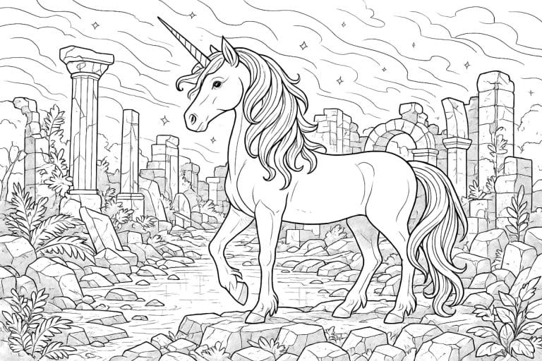 Einhorn zwischen alten Ruinen – Ausmalbild für Kinder ab 8 Jahren