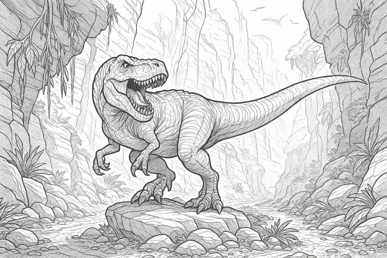 Allosaurus in Schlucht – Ausmalbild ab 8 Jahren