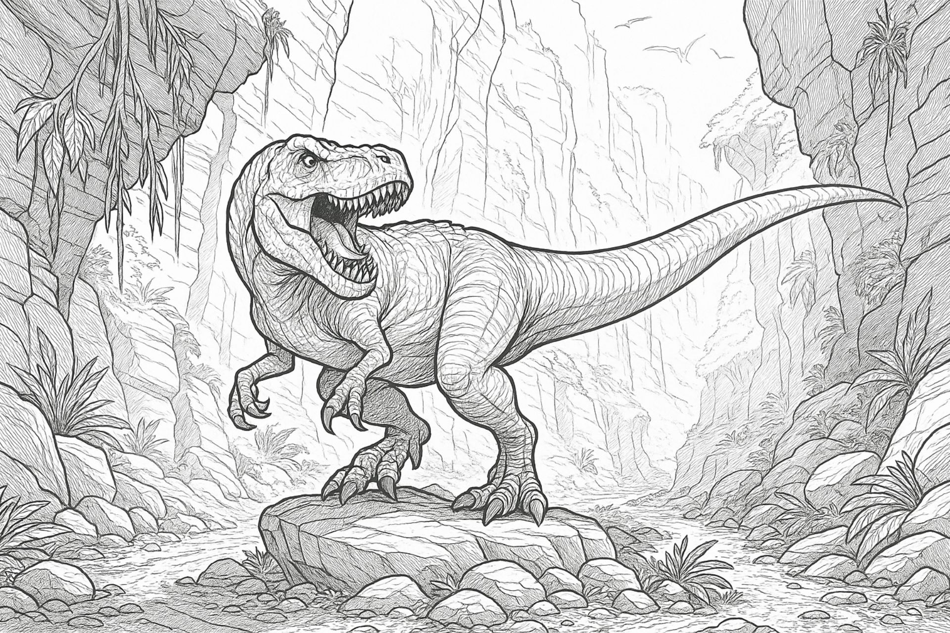 Allosaurus in Schlucht – Ausmalbild ab 8 Jahren