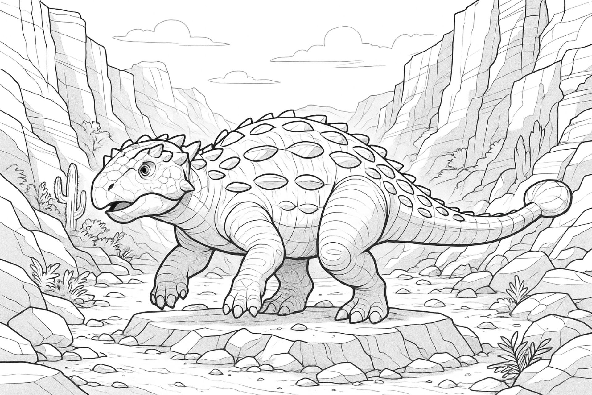 Ankylosaurus im Canyon – Ausmalbild ab 8 Jahren