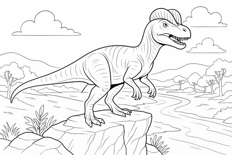 Dilophosaurus über dem Flusstal – Ausmalbild ab 8 Jahren