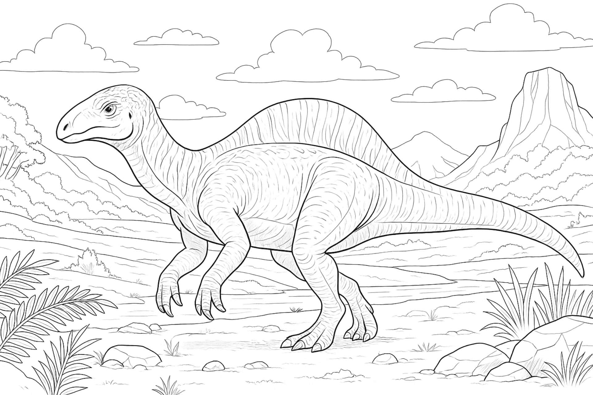 Iguanodon im Tal – Ausmalbild ab 8 Jahren