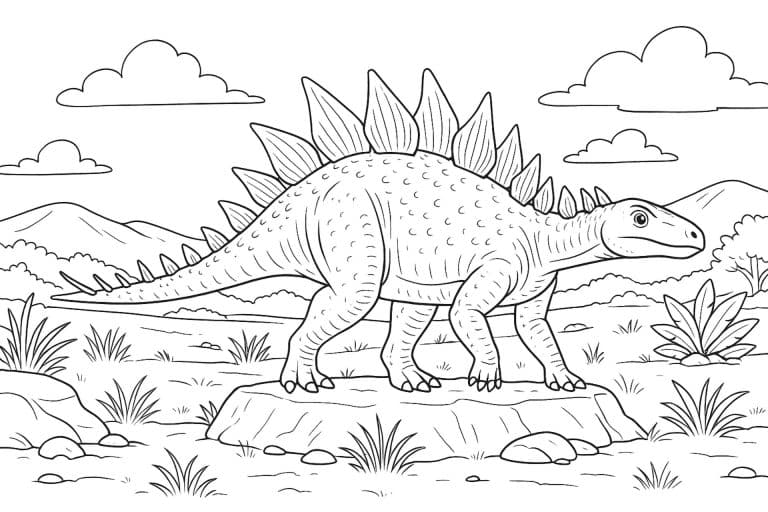 Kentrosaurus in der Savanne – Ausmalbild ab 8 Jahren