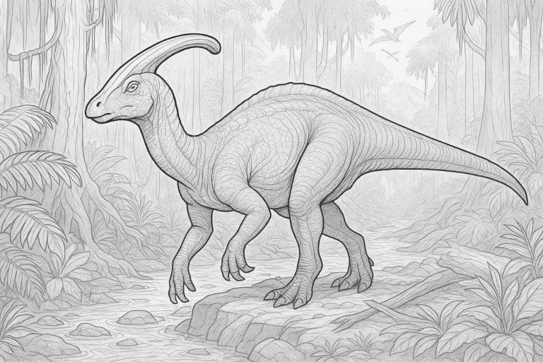 Parasaurolophus im Sumpfwald – Ausmalbild ab 8 Jahren