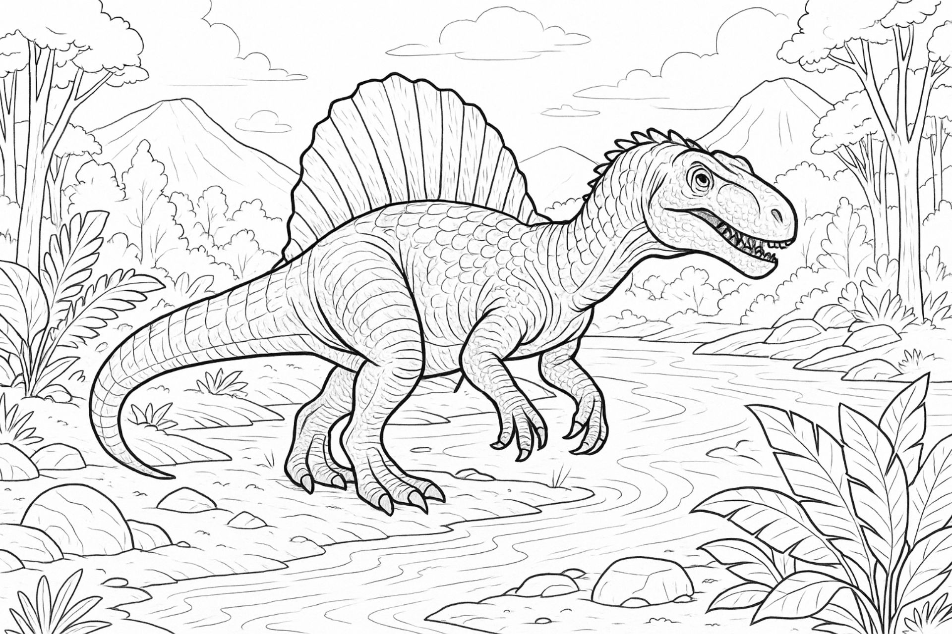 Spinosaurus am Fluss – Ausmalbild ab 8 Jahren