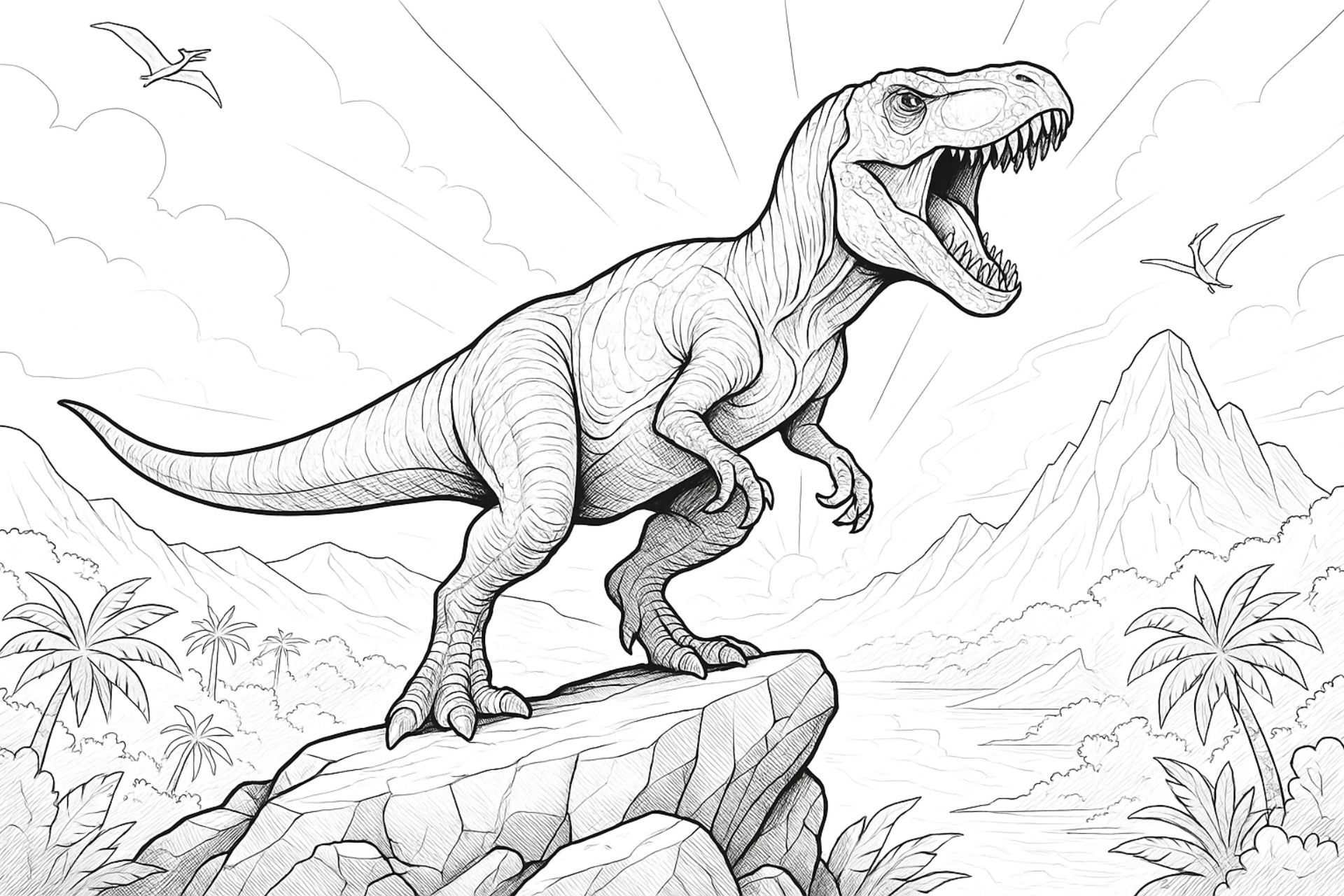 T-Rex auf Felsen – Ausmalbild ab 8 Jahren