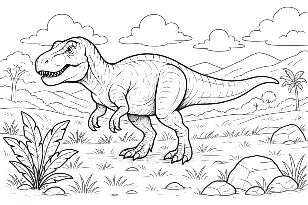 T-Rex im Grasland – Ausmalbild ab 8 Jahren