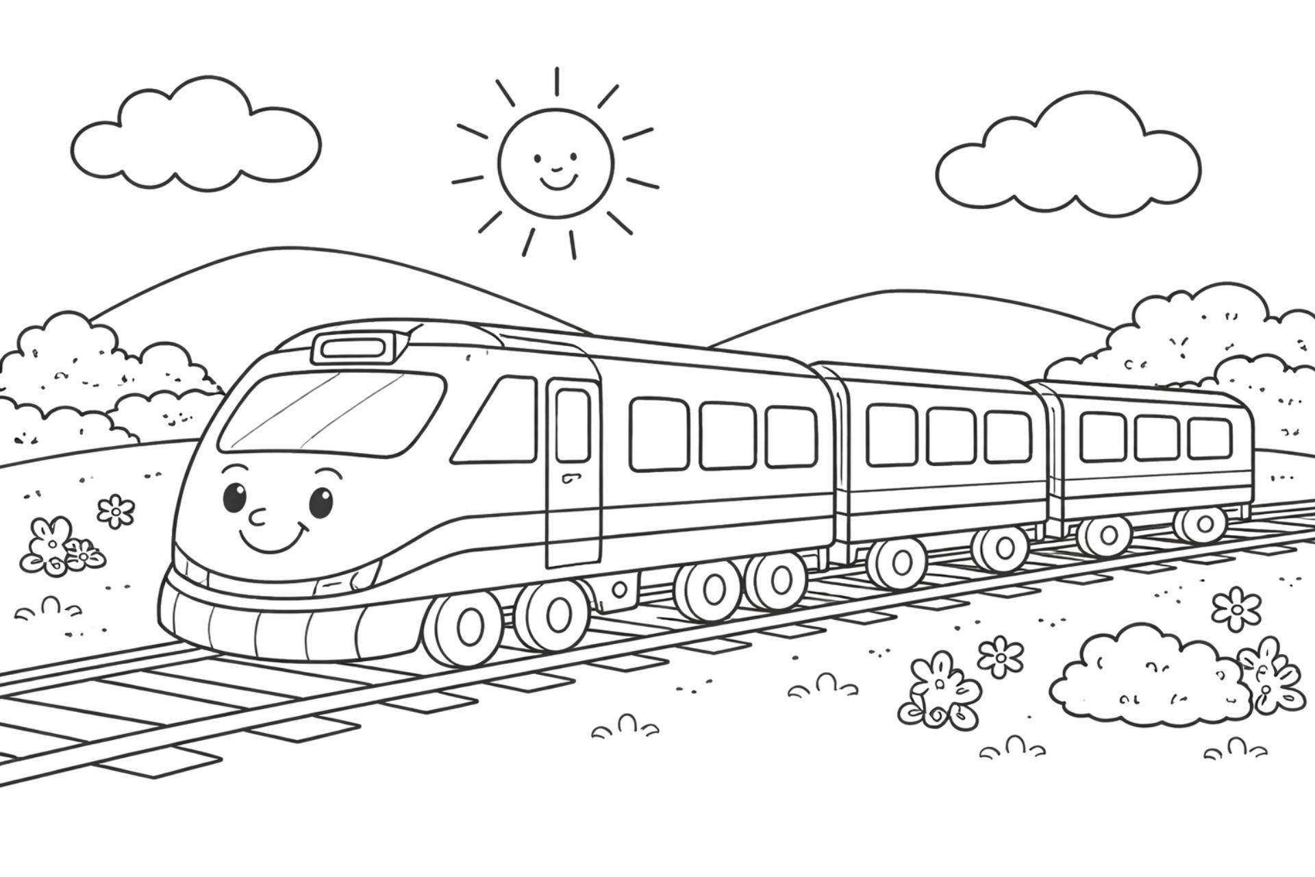 Schneller Zug in der Landschaft – Ausmalbild für Kinder ab 4 Jahren