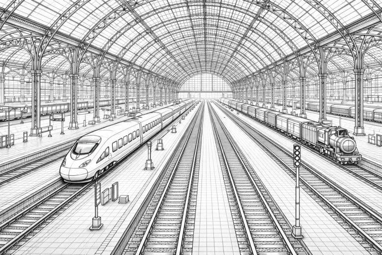 Großer Hauptbahnhof – Ausmalbild für Kinder ab 11 Jahren