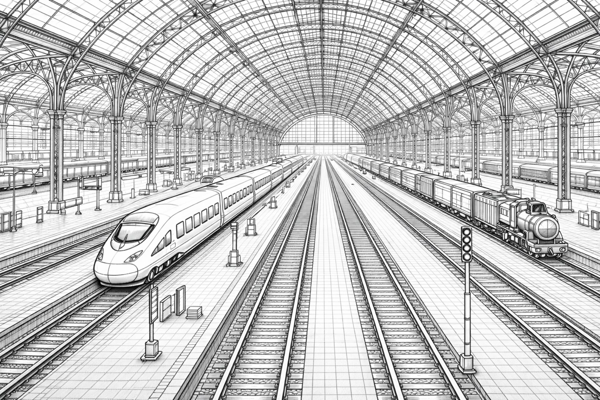 Großer Hauptbahnhof – Ausmalbild für Kinder ab 11 Jahren