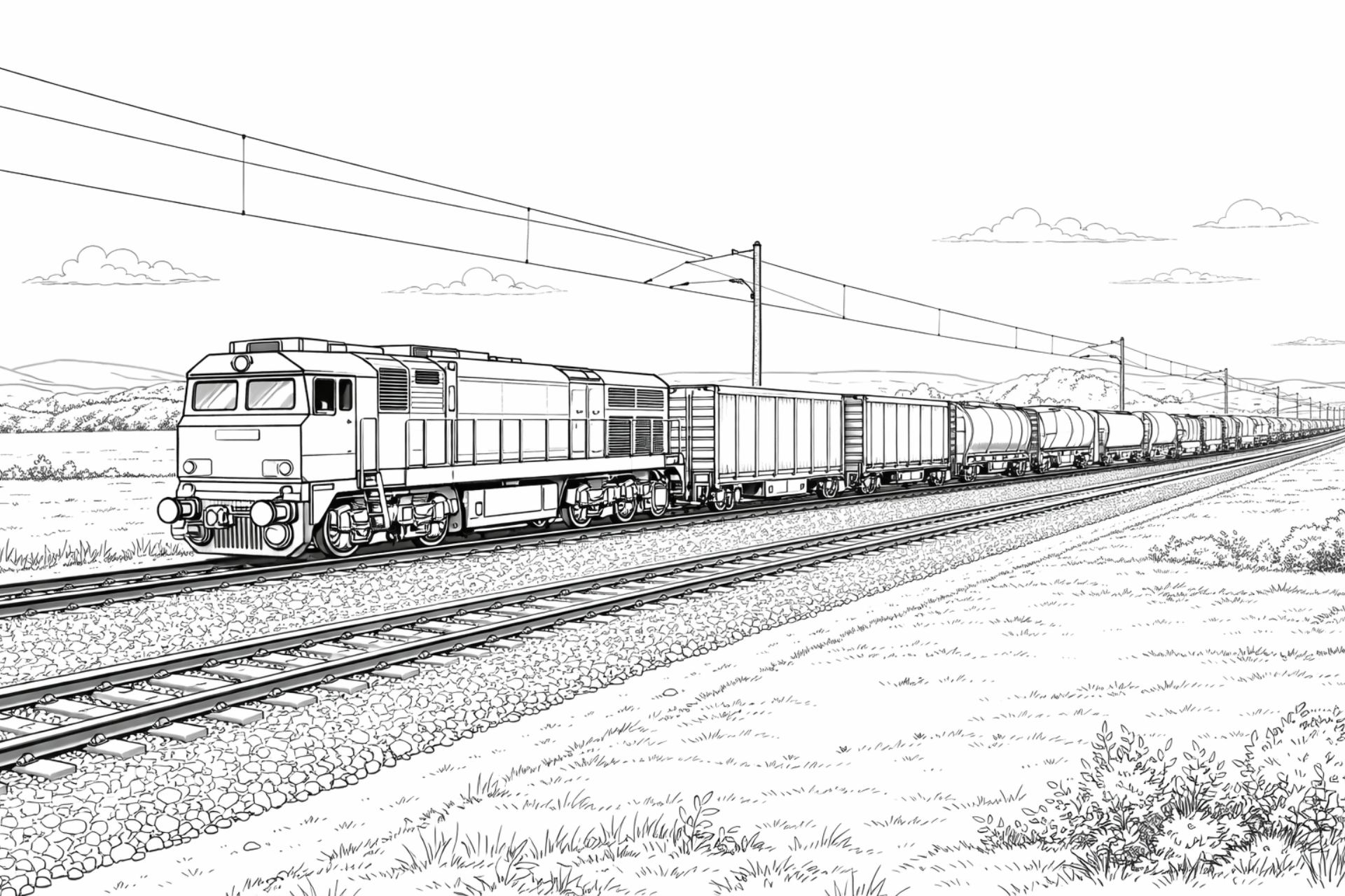 Güterzug auf freier Strecke – Ausmalbild für Kinder ab 11 Jahren