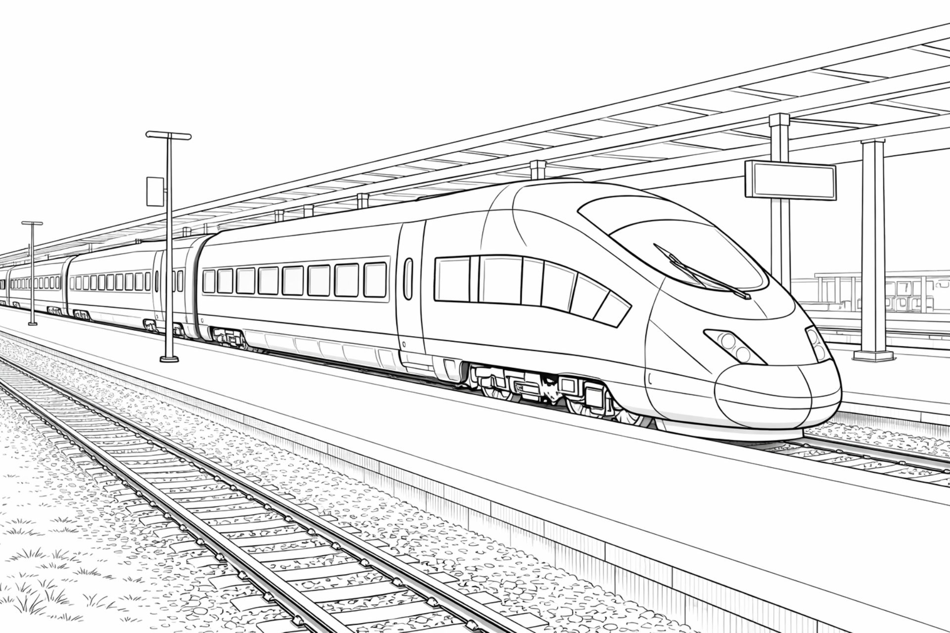 Hochgeschwindigkeitszug im Bahnhof – Ausmalbild für Kinder ab 11 Jahren
