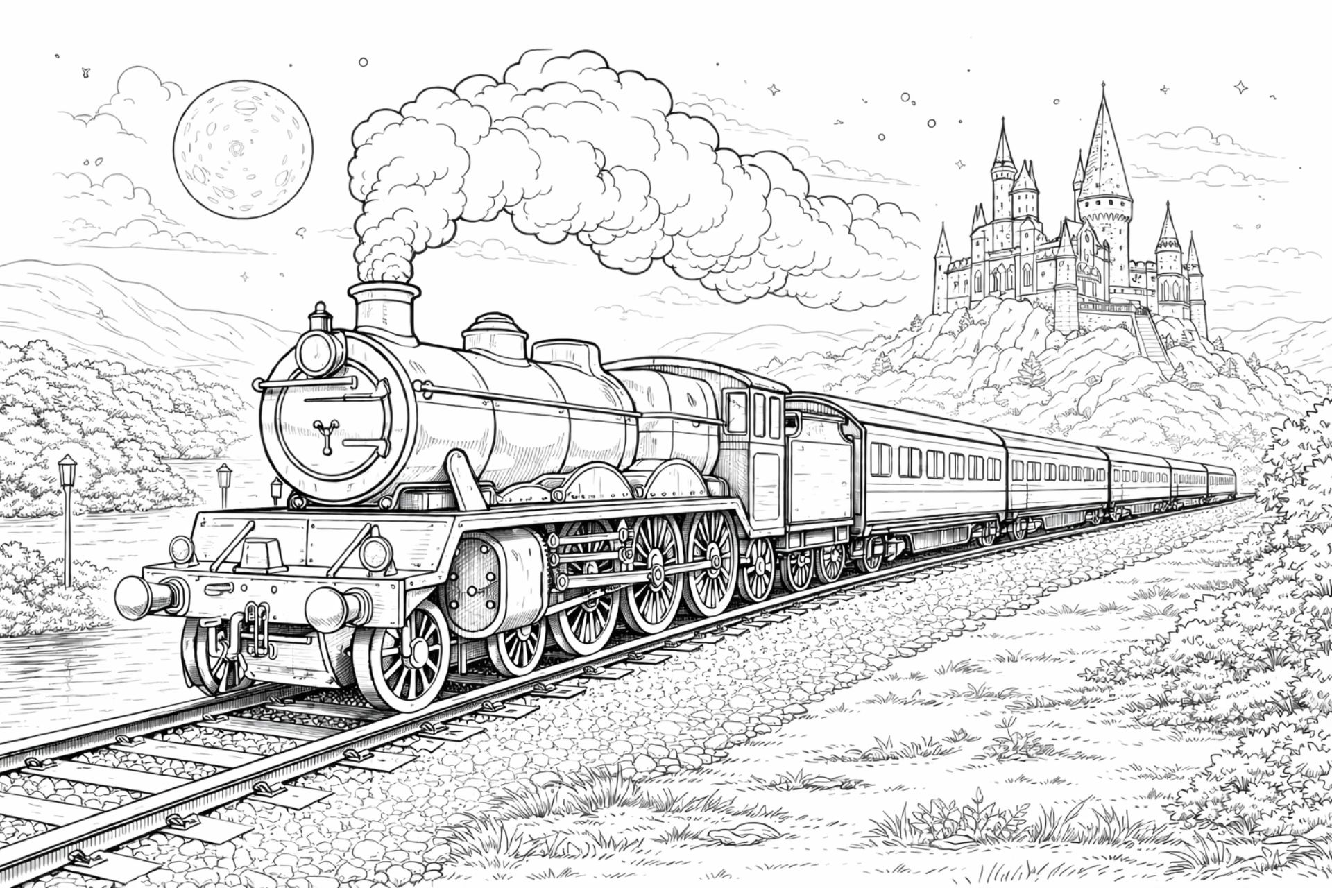 Magische Dampflok – Ausmalbild für Kinder ab 11 Jahren